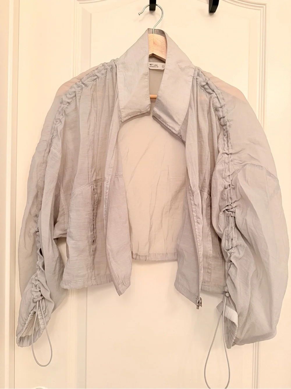 Light Gray Ruched Sleeve Cropped Bomber Jacket